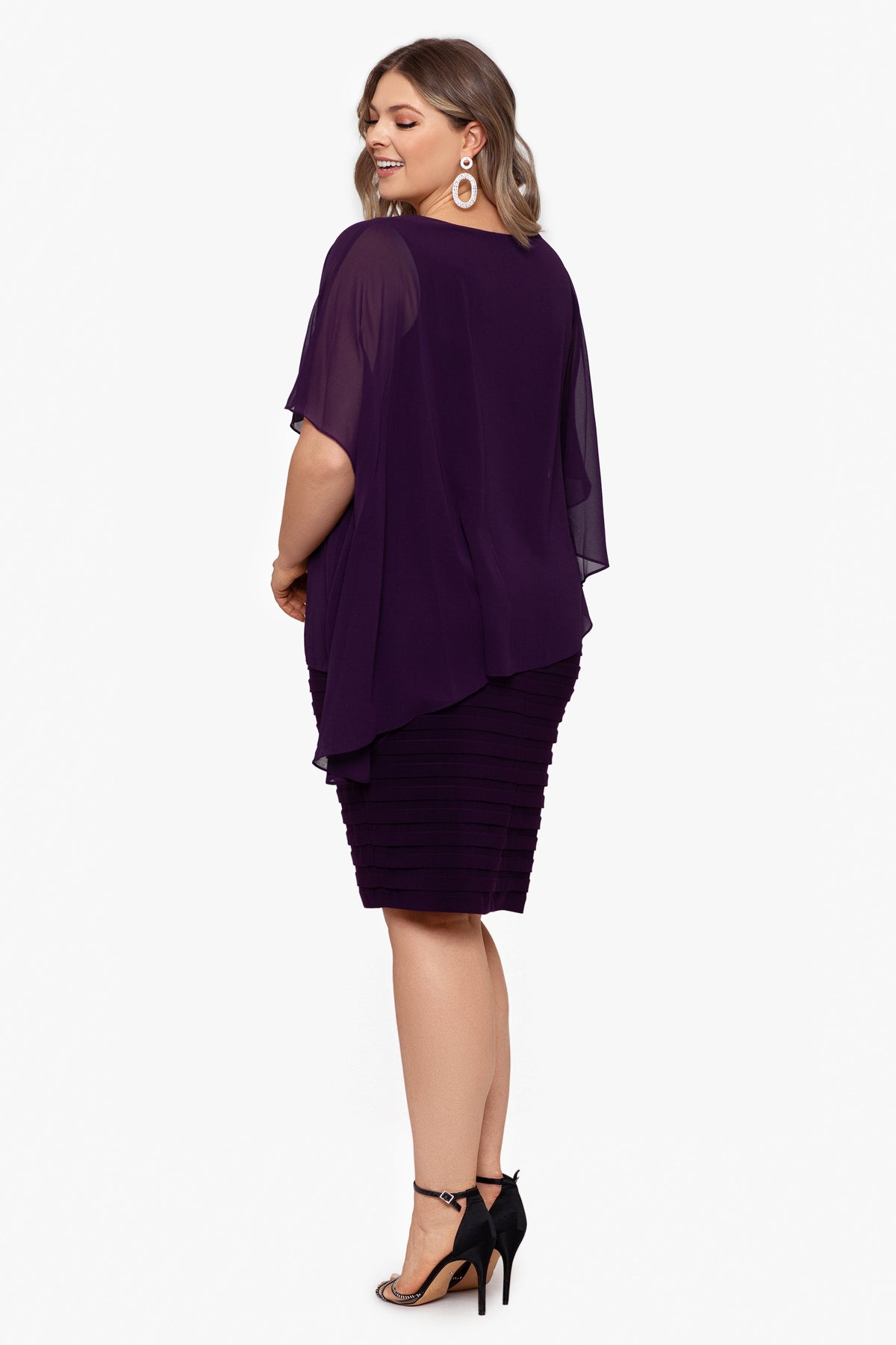 Betsy & Adam Plus "Charlotte" Jersey Knit With Chiffon Cape Shutter Dress - Plum
