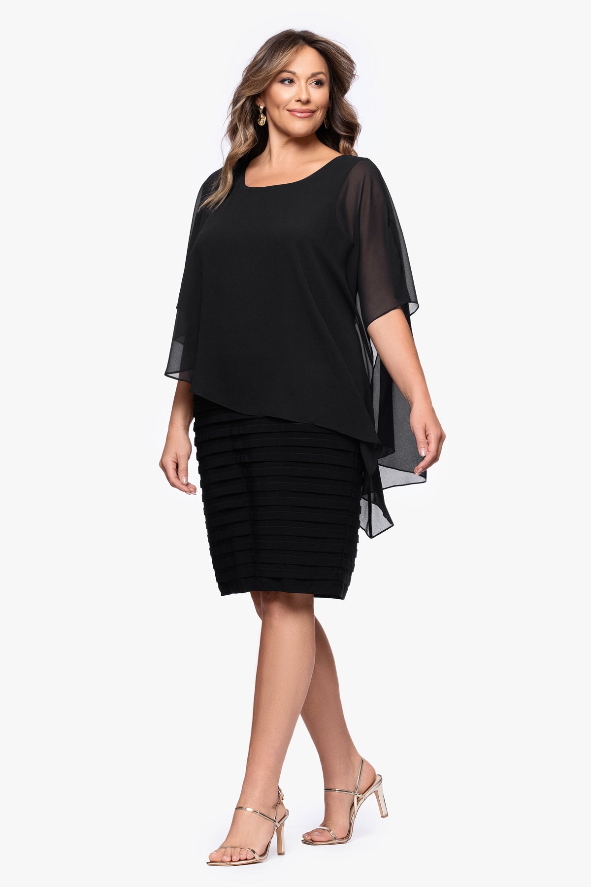 Betsy & Adam Plus "Charlotte" Jersey Knit With Chiffon Cape Shutter Dress - Black