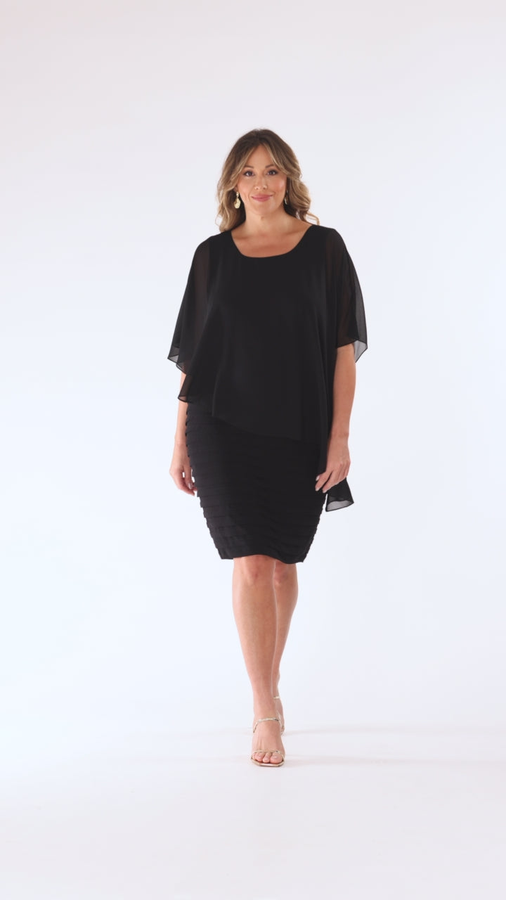 Betsy & Adam Plus "Charlotte" Jersey Knit With Chiffon Cape Shutter Dress - Black