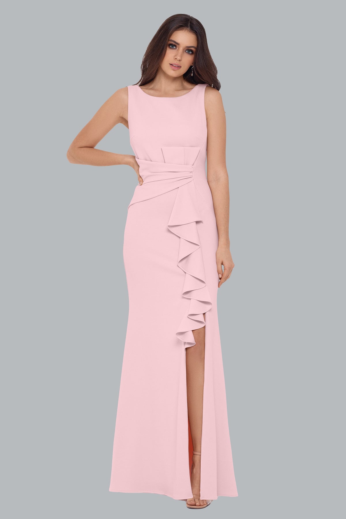 Betsy & Adam "Christine" Scuba Crepe Ruffled Bow Dress - Rose