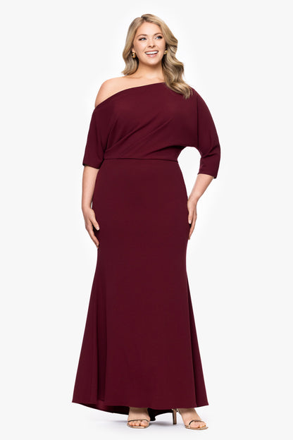 Betsy & Adam Plus “Madeline” Scuba Crepe Off The Shoulder Dress - Bordeaux