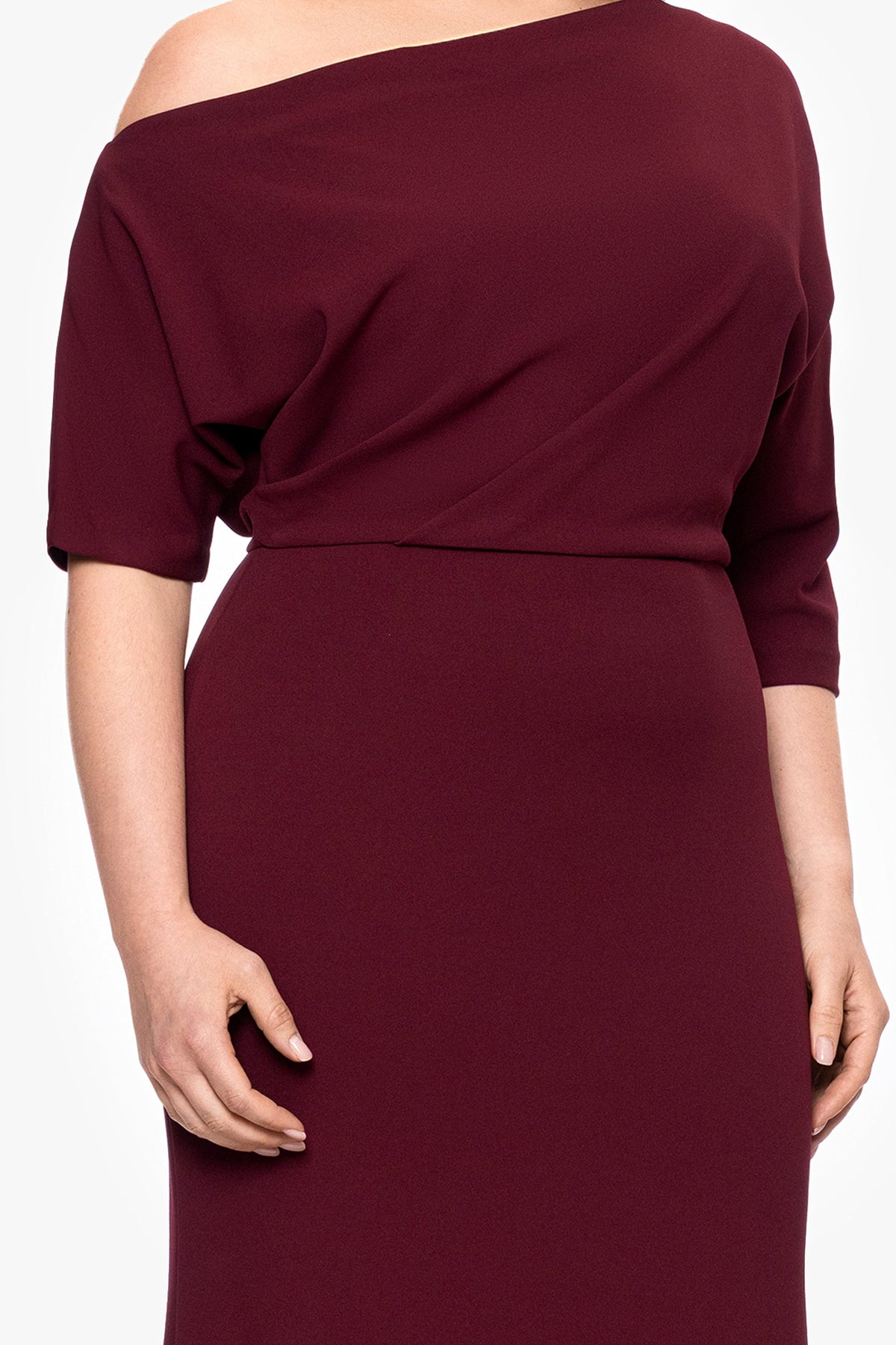Betsy & Adam Plus “Madeline” Scuba Crepe Off The Shoulder Dress - Bordeaux