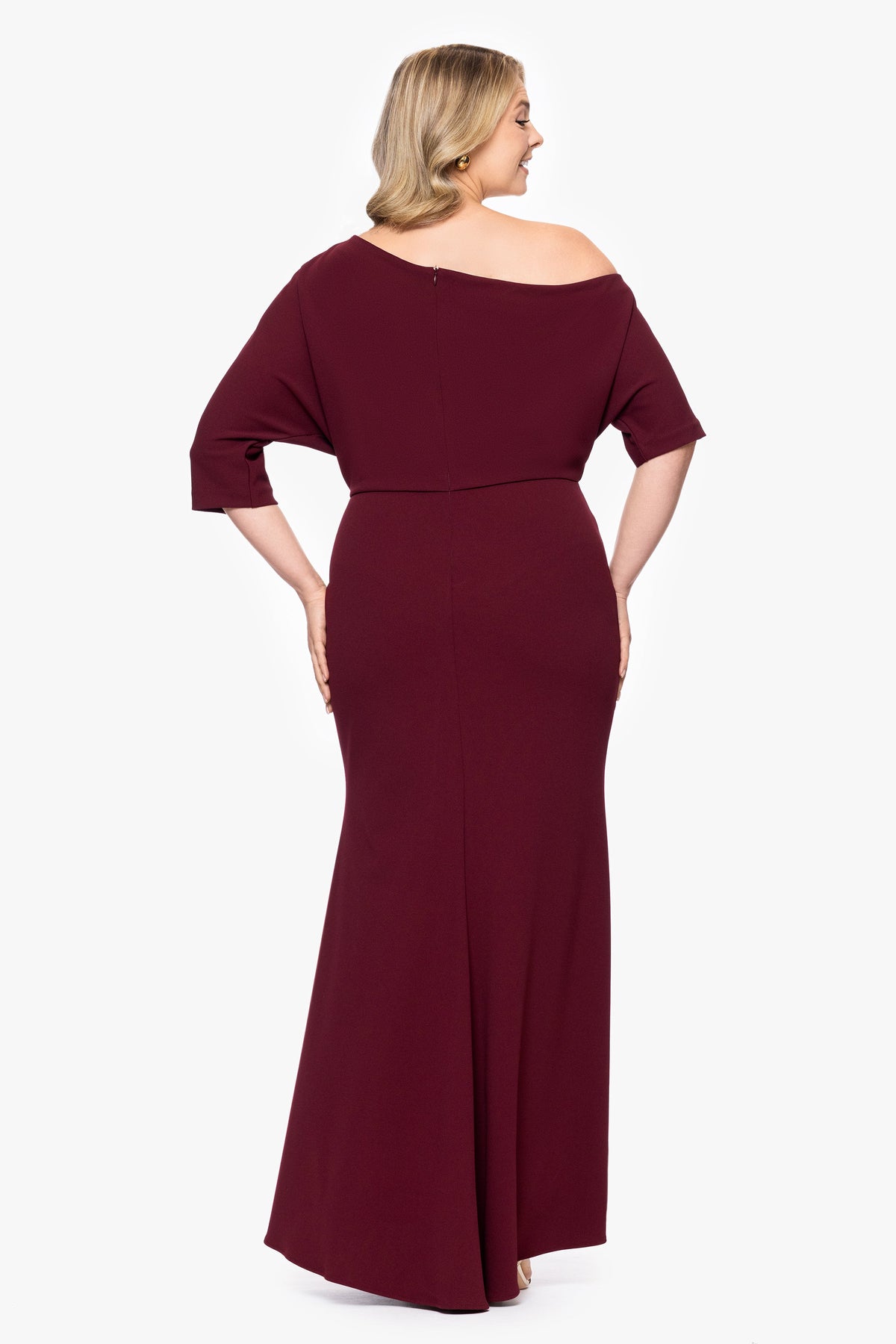 Betsy & Adam Plus “Madeline” Scuba Crepe Off The Shoulder Dress - Bordeaux