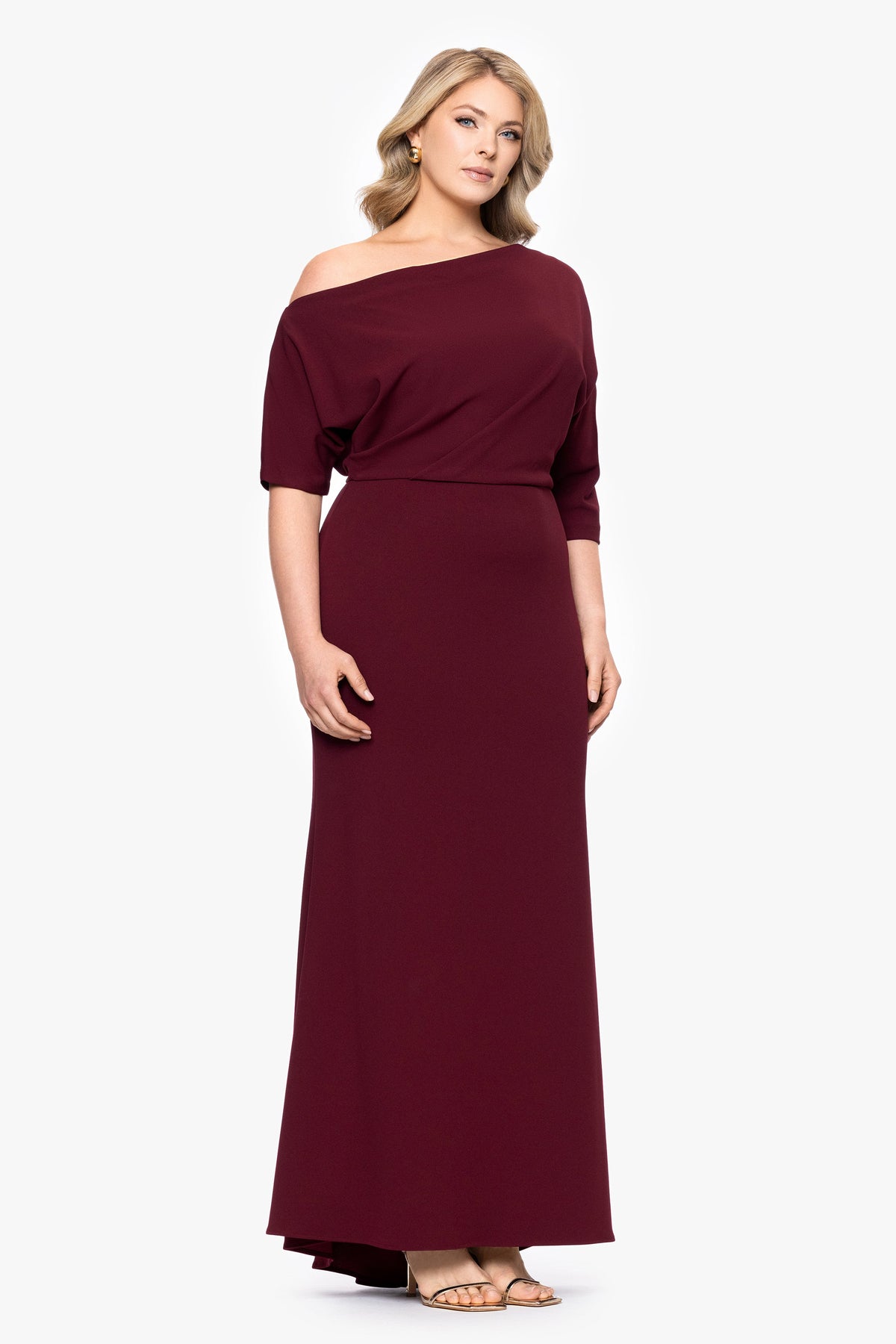 Betsy & Adam Plus “Madeline” Scuba Crepe Off The Shoulder Dress - Bordeaux