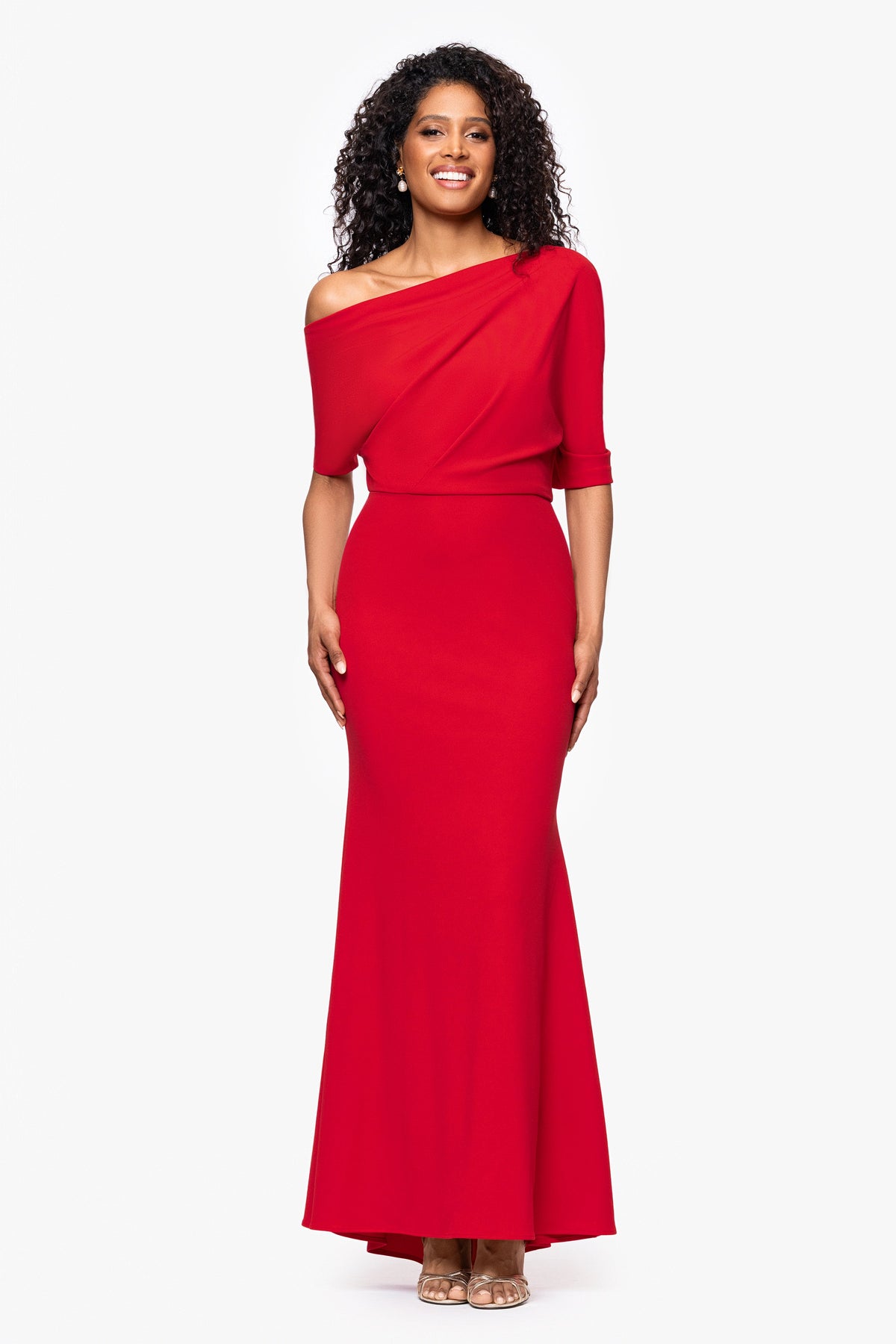 Betsy & Adam “Madeline” Scuba Crepe Off The Shoulder Dress - Red