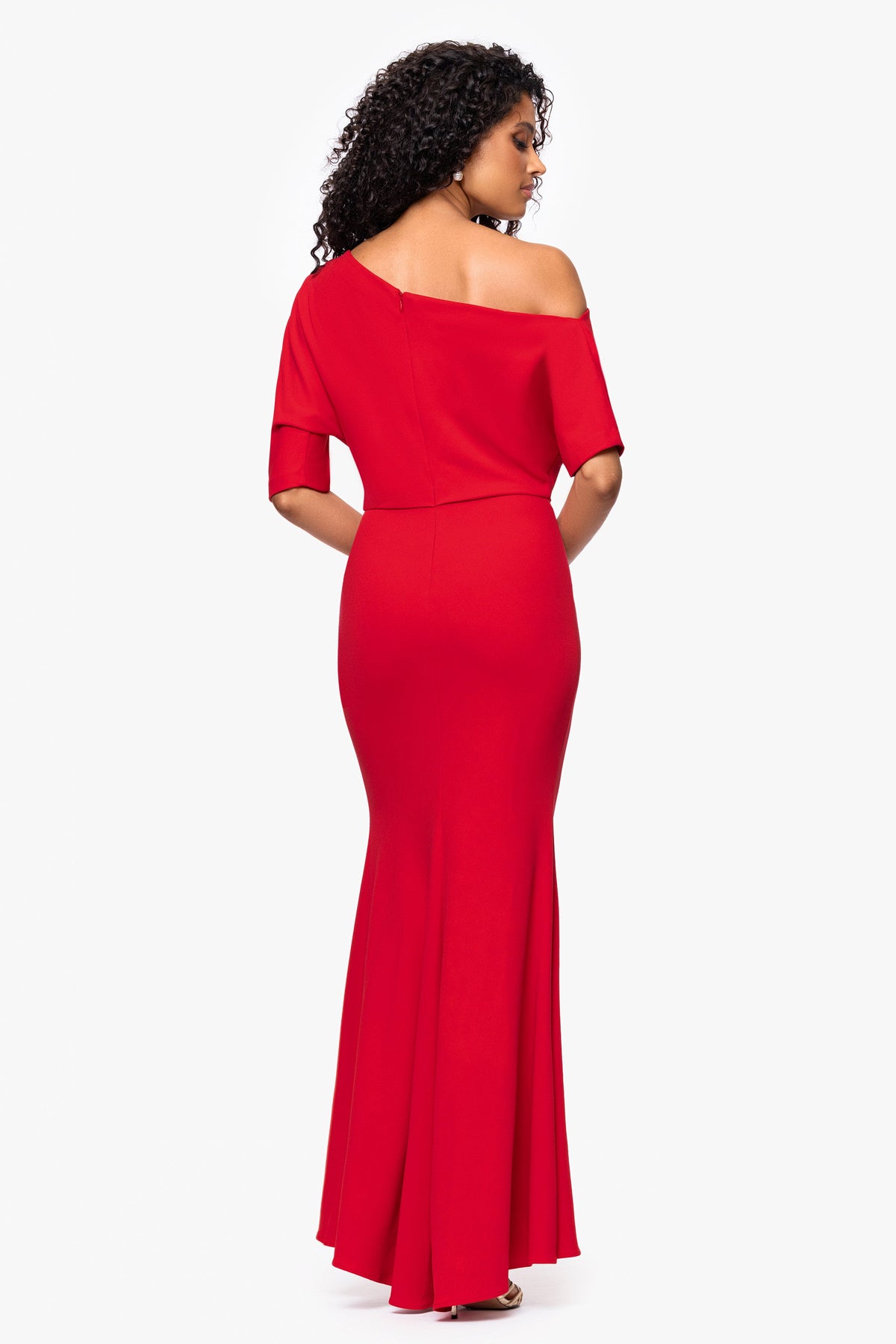 Betsy & Adam “Madeline” Scuba Crepe Off The Shoulder Dress - Red