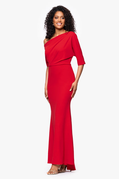 Betsy & Adam “Madeline” Scuba Crepe Off The Shoulder Dress - Red