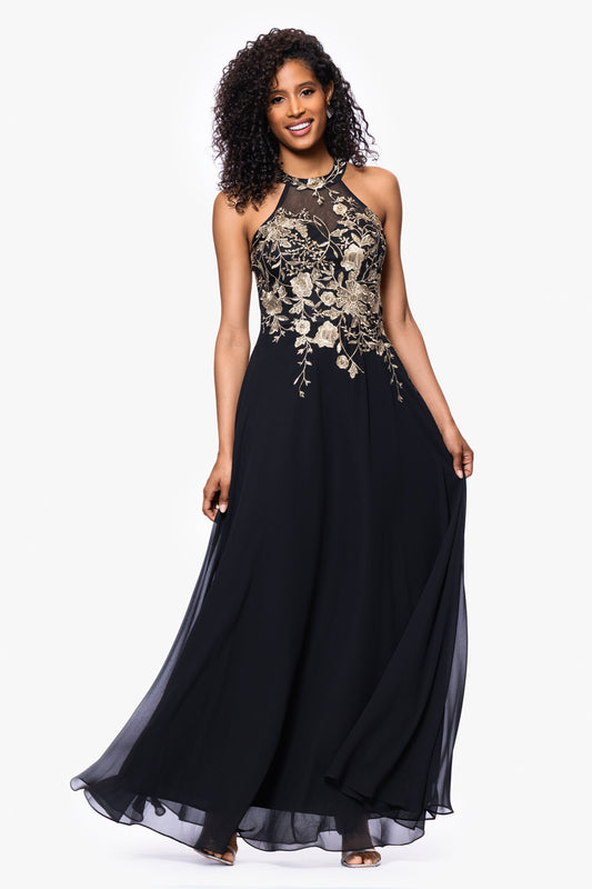 Betsy & Adam Petite "Celeste" Embroidered Chiffon Dress - Black/Gold