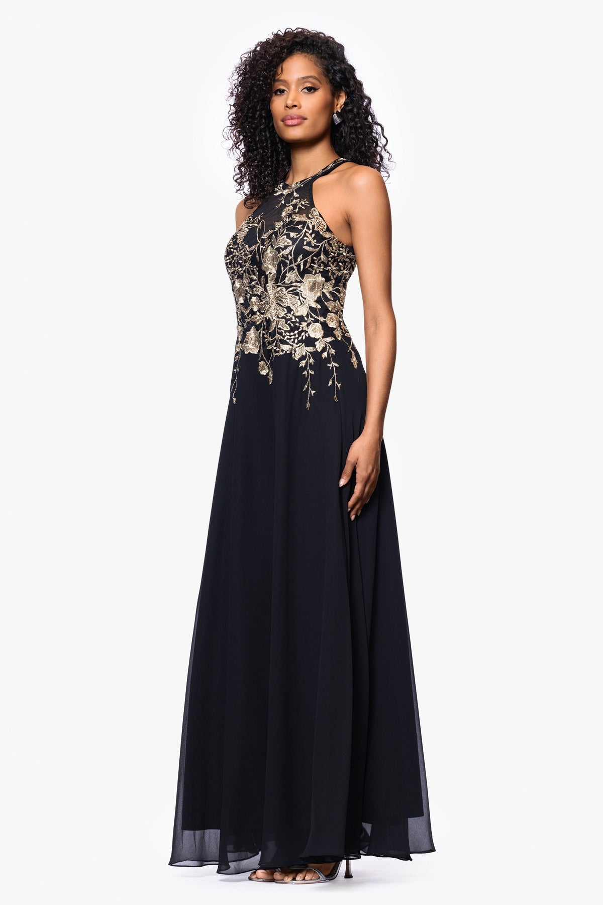 Betsy & Adam Petite "Celeste" Embroidered Chiffon Dress - Black/Gold