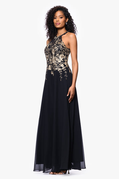 Betsy & Adam Petite "Celeste" Embroidered Chiffon Dress - Black/Gold