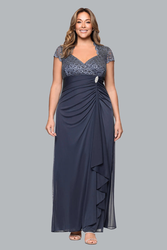 Betsy & Adam Plus "Kim" Sheer Matte Jersey Lace Cap Sleeve Dress - Charcoal