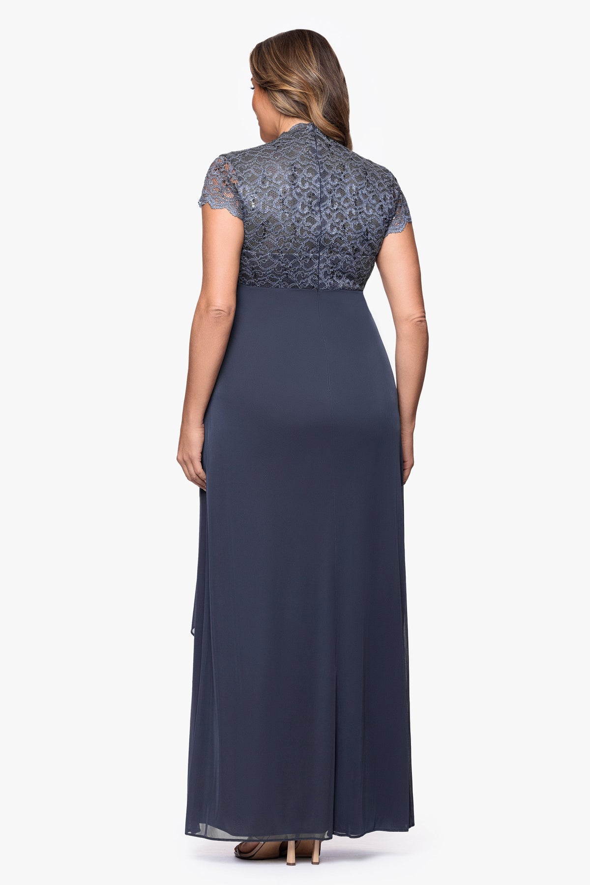 Betsy & Adam Plus "Kim" Sheer Matte Jersey Lace Cap Sleeve Dress - Charcoal