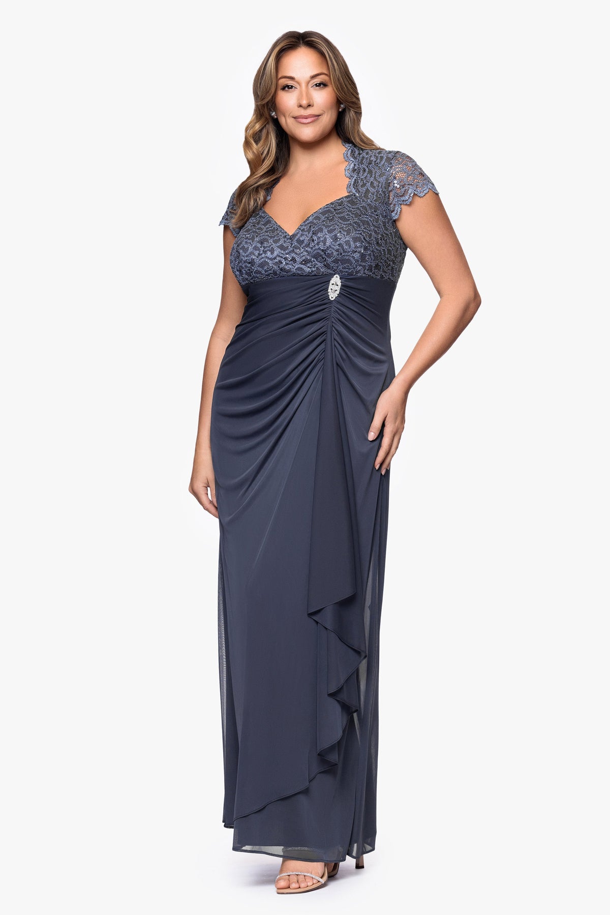 Betsy & Adam Plus "Kim" Sheer Matte Jersey Lace Cap Sleeve Dress - Charcoal