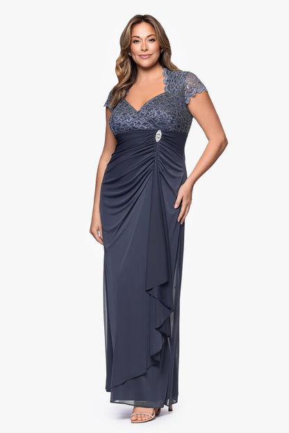 Betsy & Adam Plus "Kim" Sheer Matte Jersey Lace Cap Sleeve Dress - Charcoal