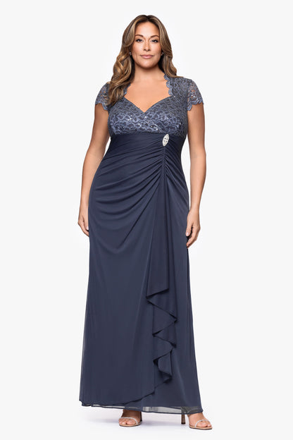 Betsy & Adam Plus "Kim" Sheer Matte Jersey Lace Cap Sleeve Dress - Charcoal