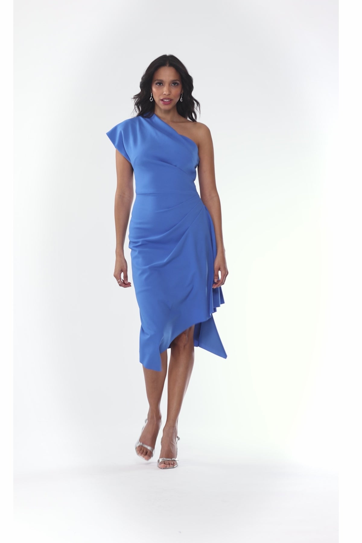 Betsy & Adam "Dorothy" Scuba Crepe One Shoulder Midi Dress - Cornflower