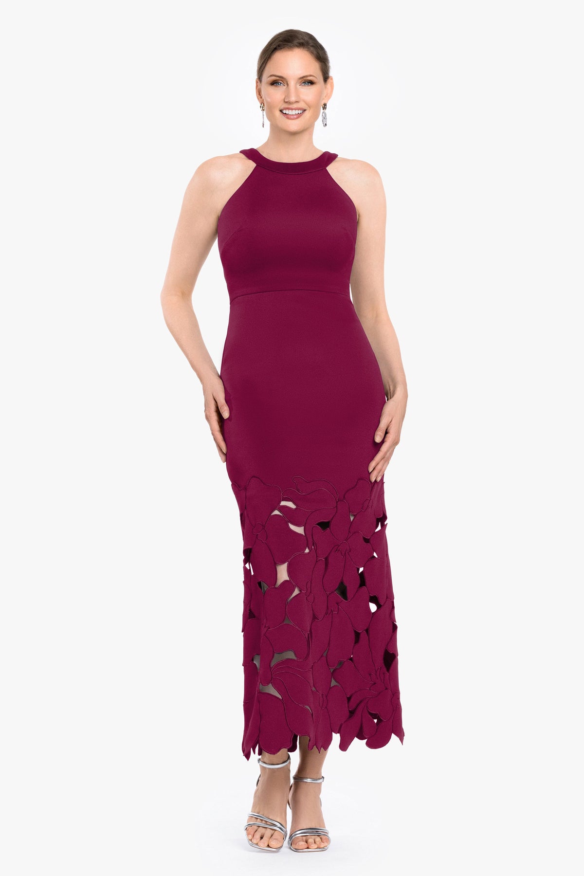 Betsy & Adam Petite "Mallory" Techno Scuba Laser Cut Dress - Wine