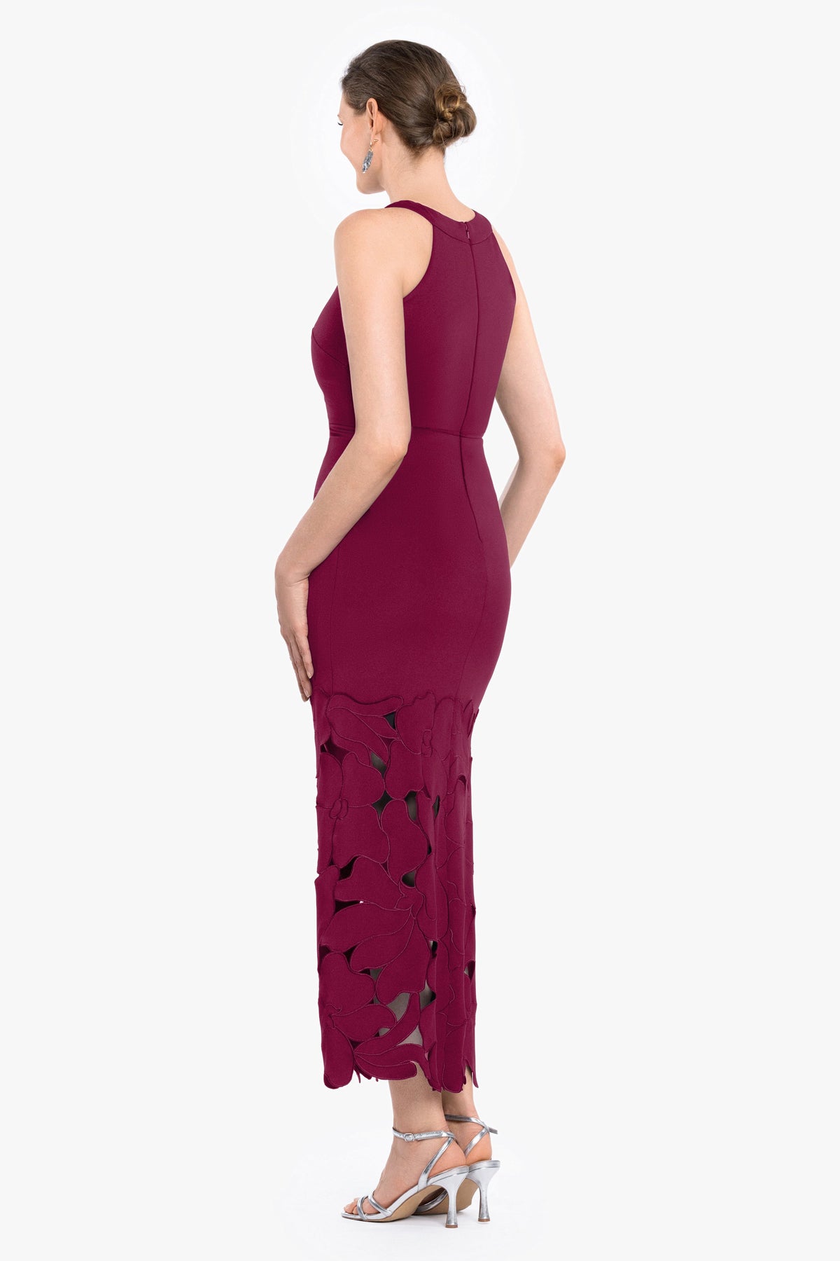 Betsy & Adam Petite "Mallory" Techno Scuba Laser Cut Dress - Wine