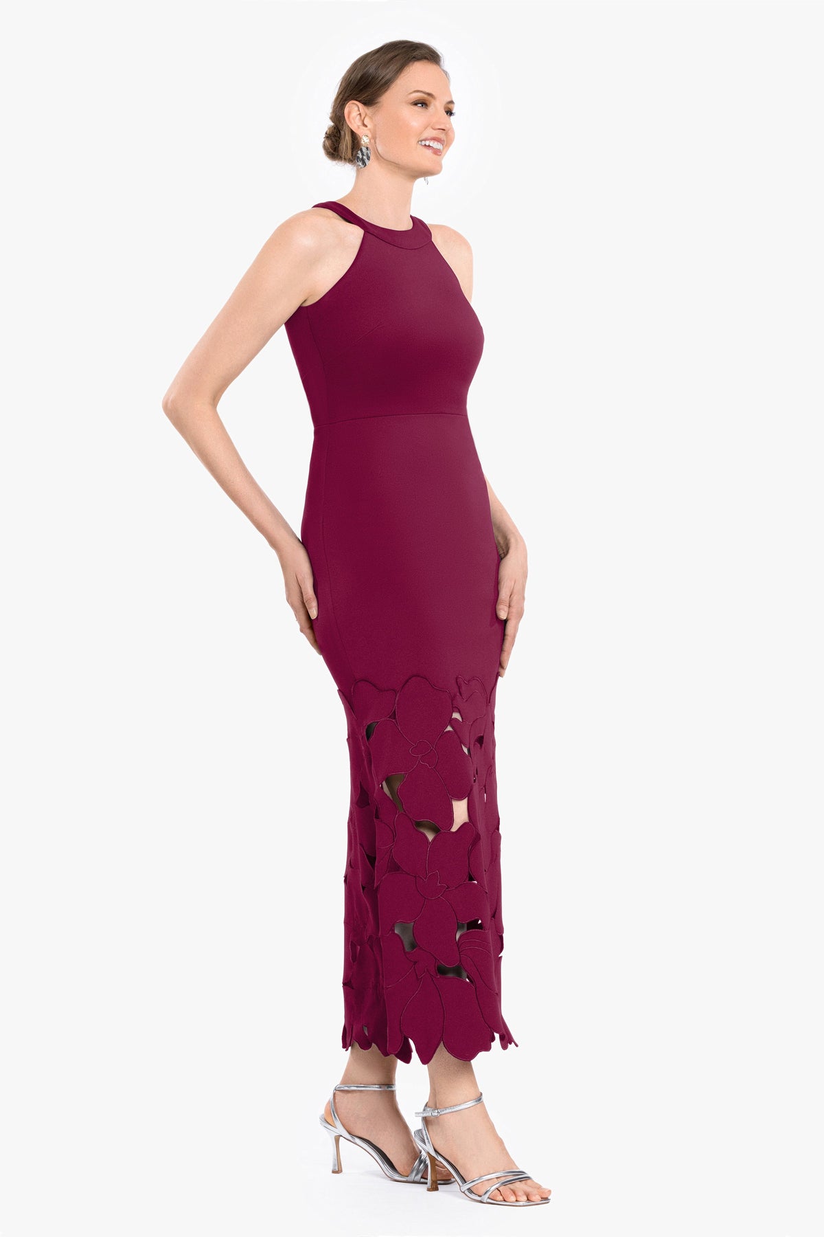 Betsy & Adam Petite "Mallory" Techno Scuba Laser Cut Dress - Wine