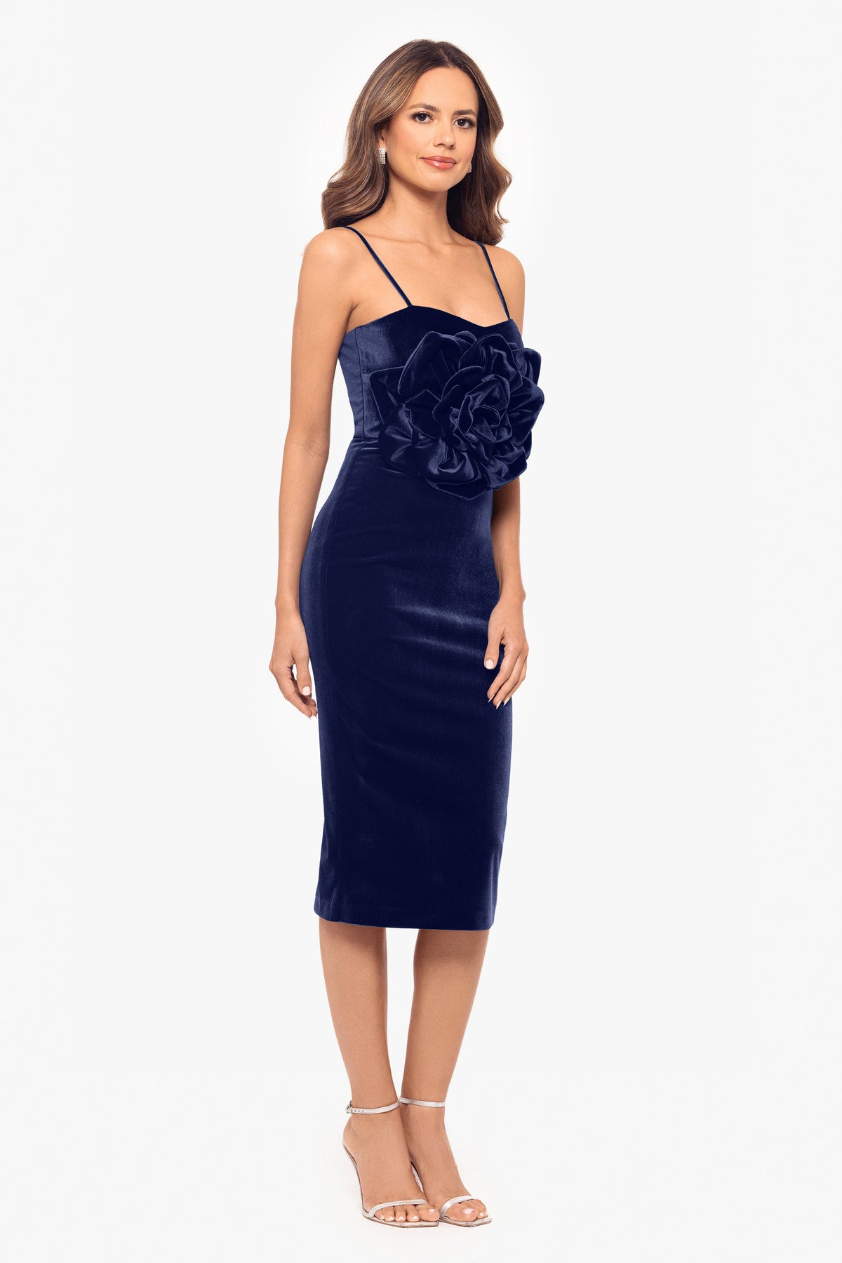 Betsy & Adam "Spencer" Velvet Flower Spaghetti Strap Short Dress - Navy