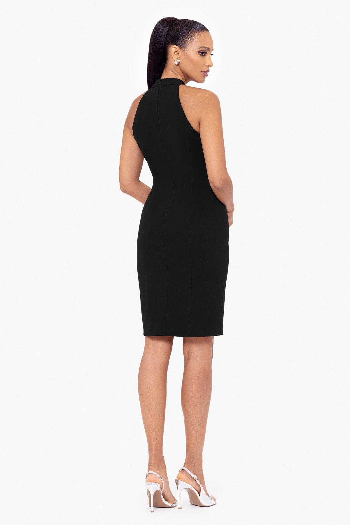 Betsy & Adam "Mariana" Scuba Crepe & Velvet Stripe Short Dress - Black