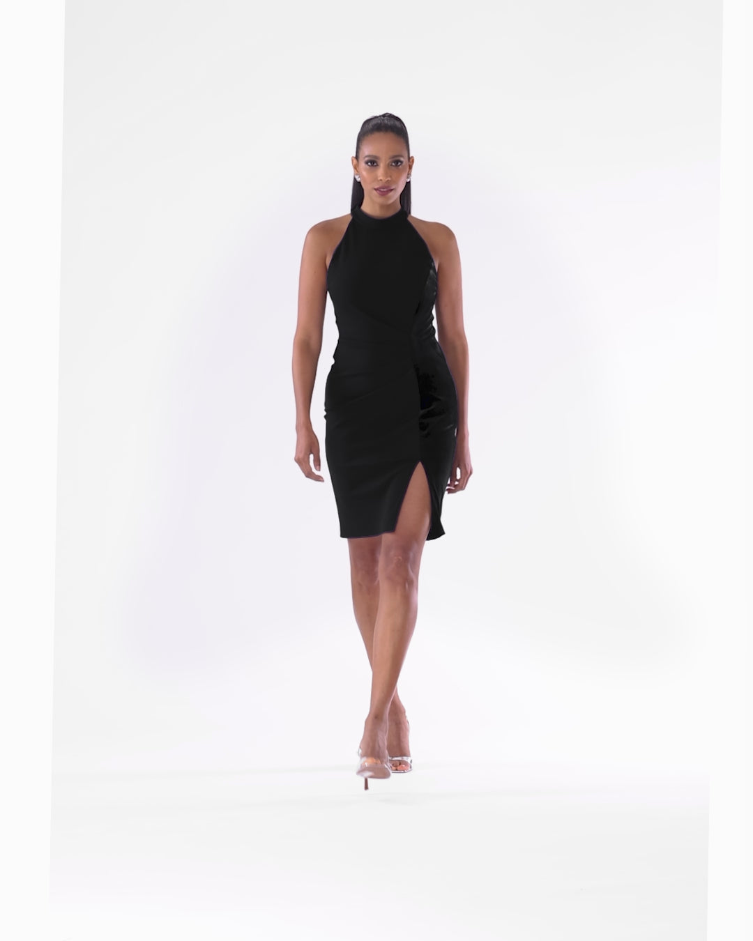 Betsy & Adam "Mariana" Scuba Crepe & Velvet Stripe Short Dress - Black