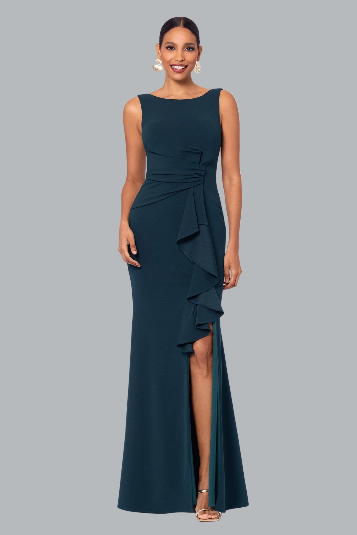 Betsy & Adam Petite "Christine" Scuba Crepe Ruffled Bow Dress - Pine