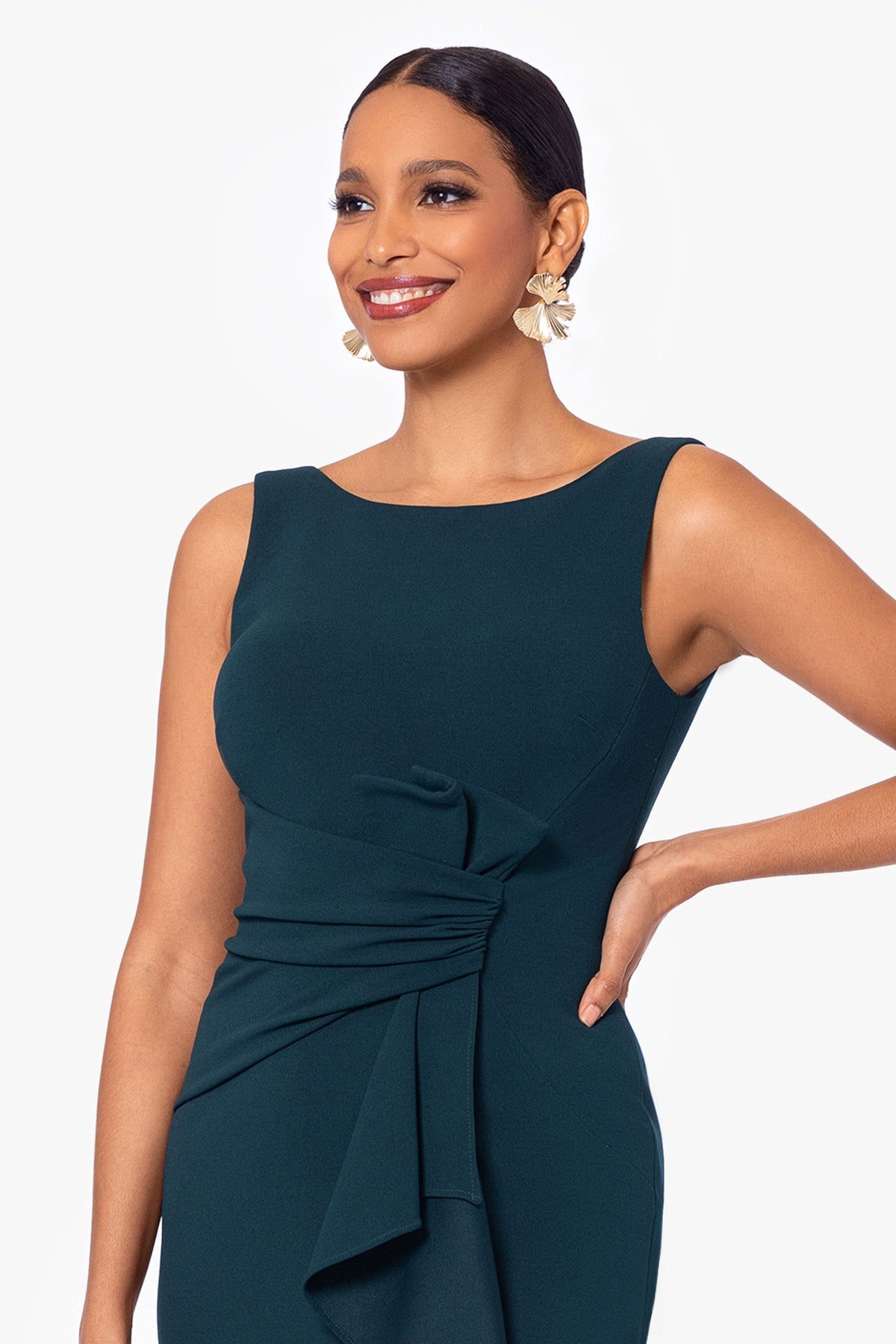 Betsy & Adam Petite "Christine" Scuba Crepe Ruffled Bow Dress - Pine