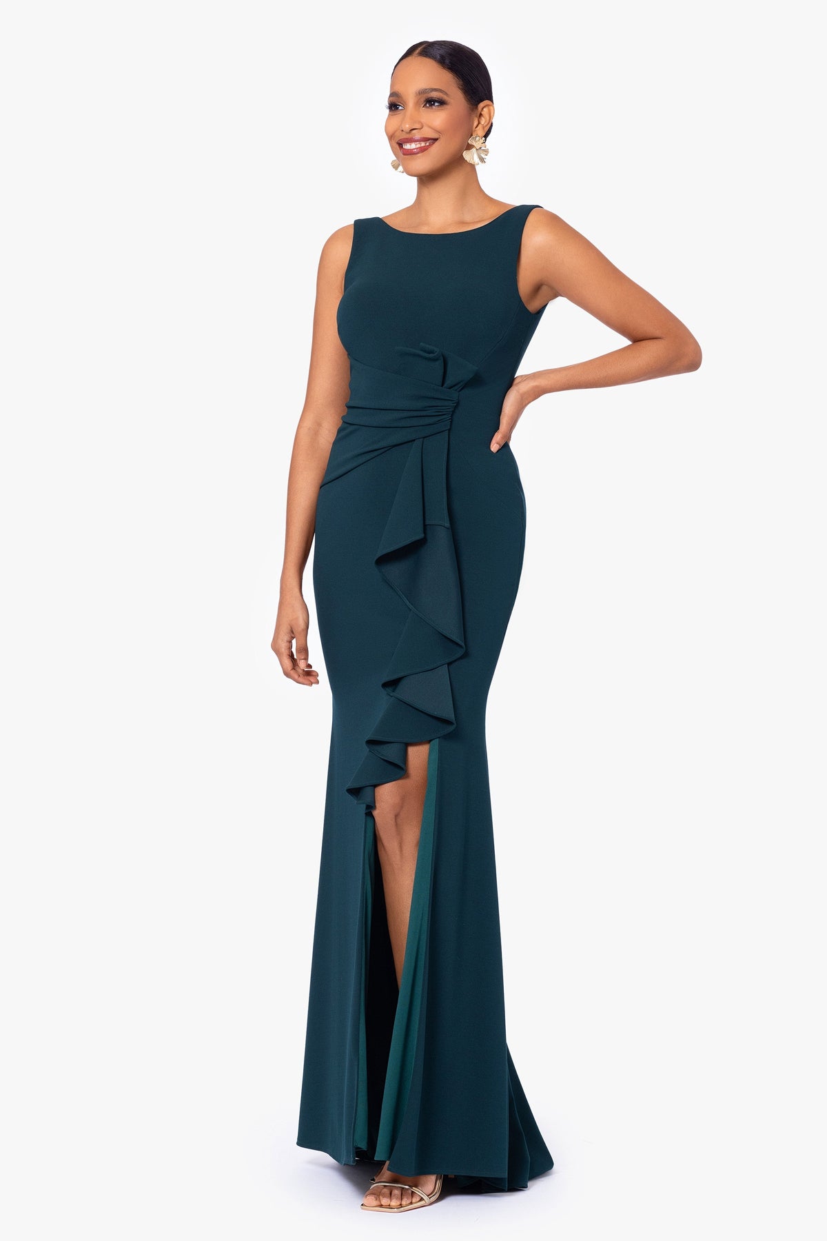 Betsy & Adam Petite "Christine" Scuba Crepe Ruffled Bow Dress - Pine