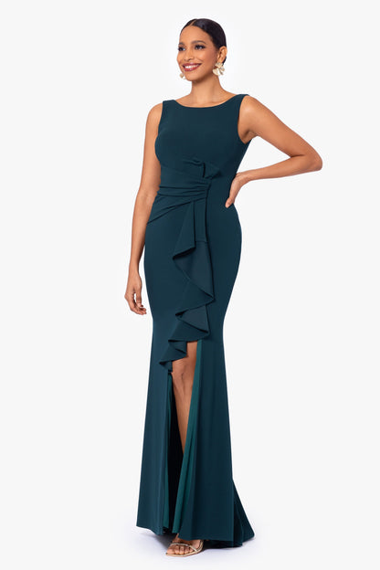 Betsy & Adam Petite "Christine" Scuba Crepe Ruffled Bow Dress - Pine