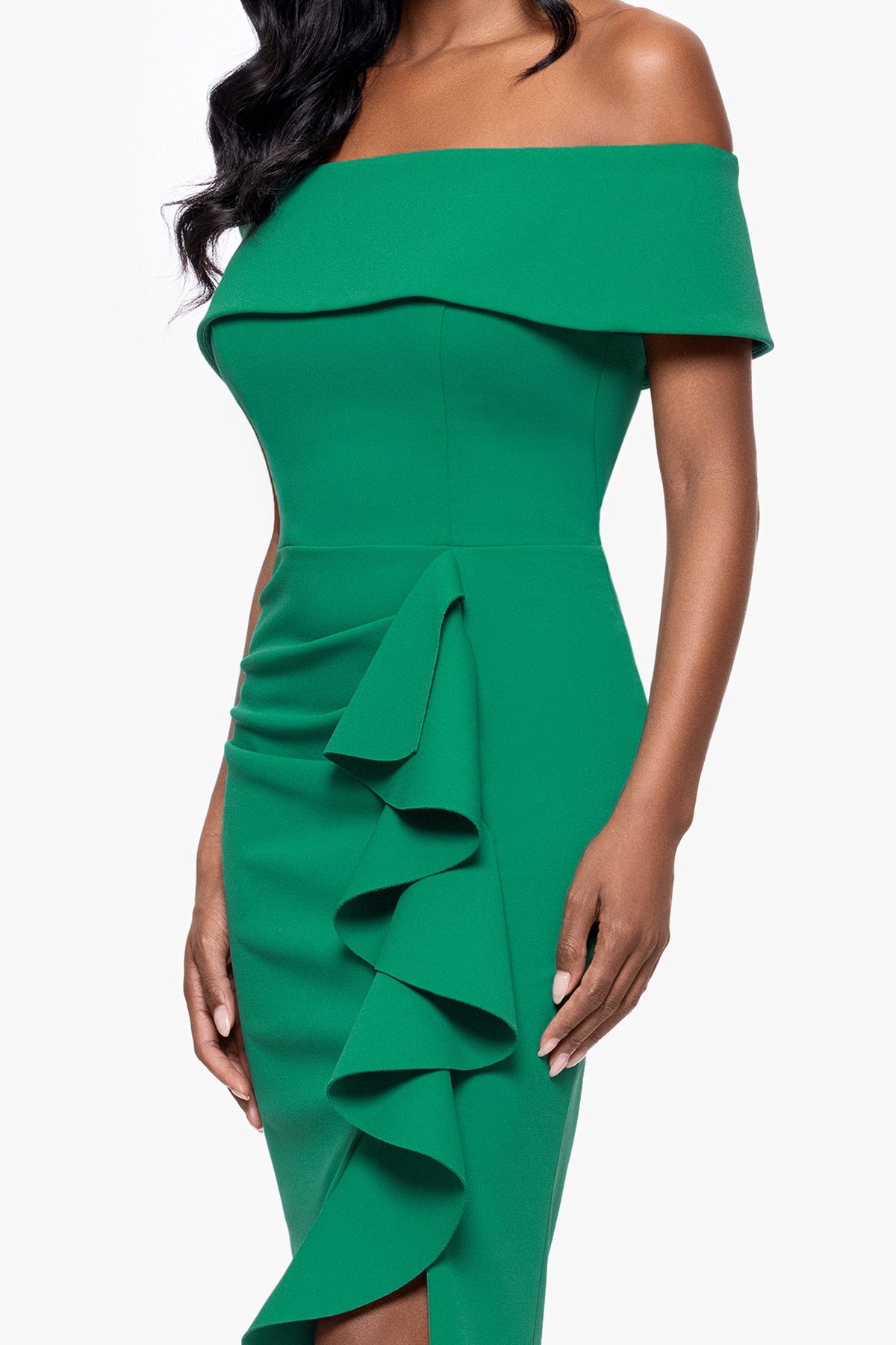 Betsy & Adam Petite "Kourtney" Scuba Crepe Off The Shoulder Ruffle Midi Dress - Green