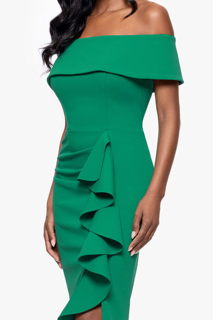 Betsy & Adam Petite "Kourtney" Scuba Crepe Off The Shoulder Ruffle Midi Dress - Green