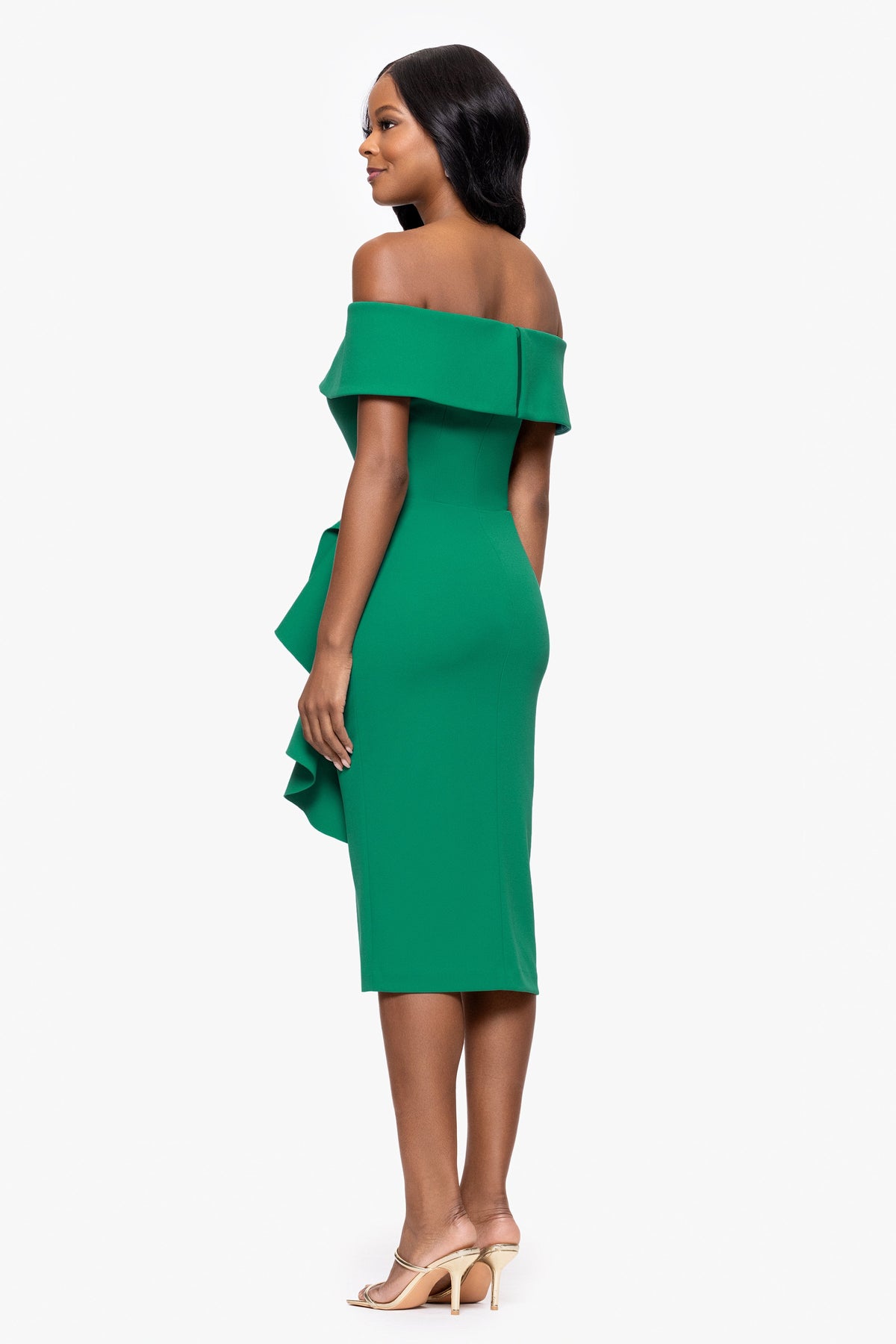 Betsy & Adam Petite "Kourtney" Scuba Crepe Off The Shoulder Ruffle Midi Dress - Green