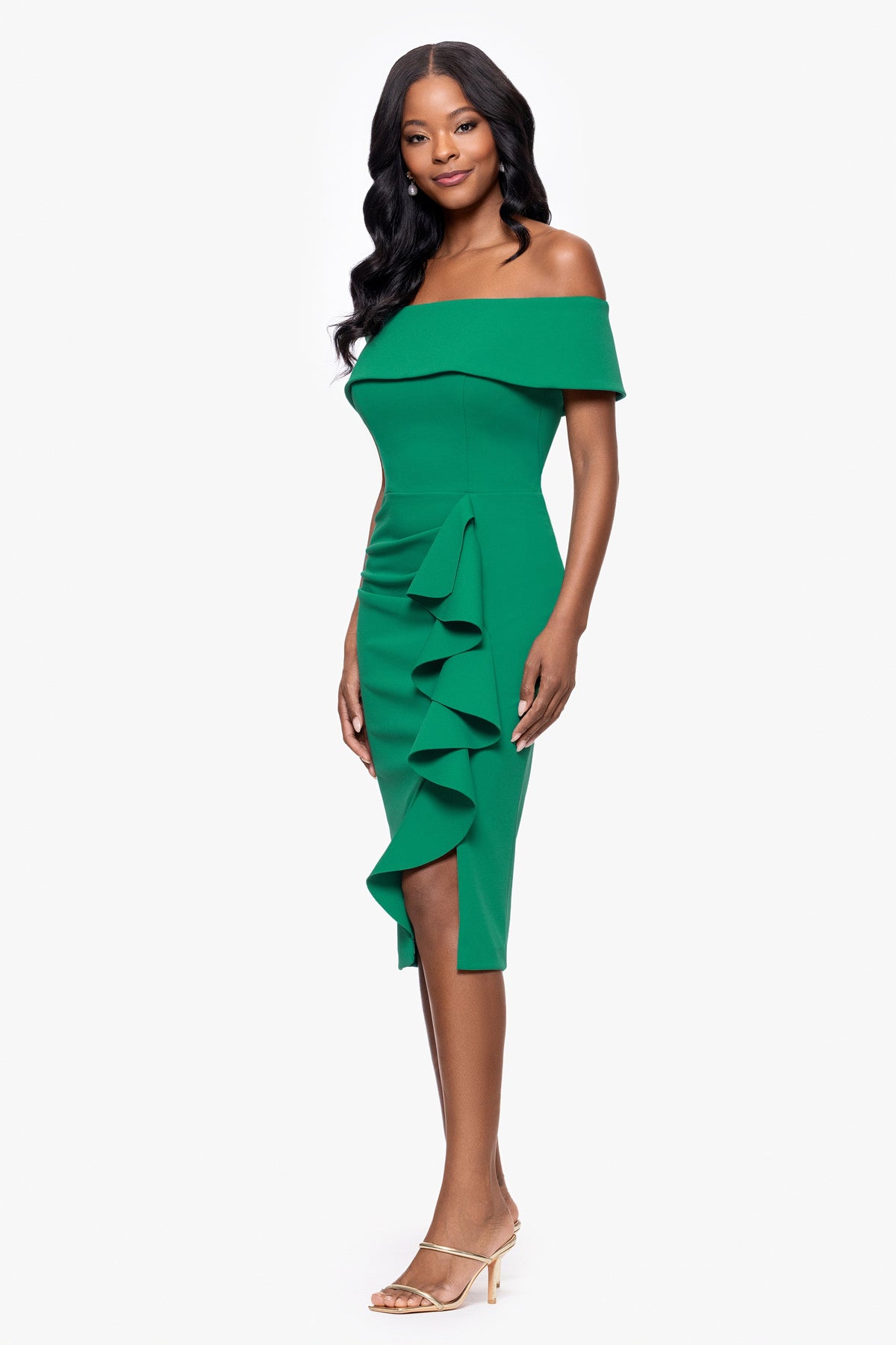 Betsy & Adam Petite "Kourtney" Scuba Crepe Off The Shoulder Ruffle Midi Dress - Green