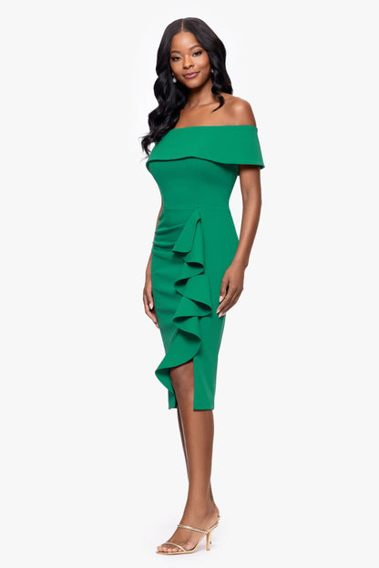 Betsy & Adam Petite "Kourtney" Scuba Crepe Off The Shoulder Ruffle Midi Dress - Green