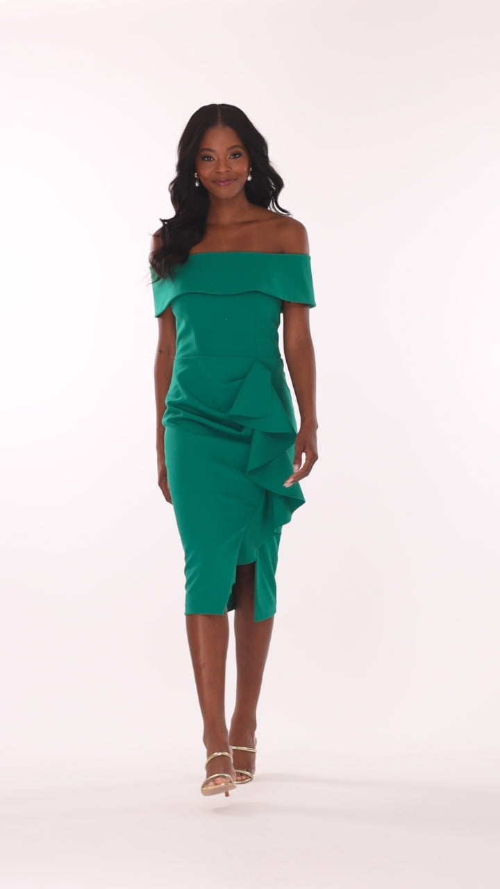 Betsy & Adam Petite "Kourtney" Scuba Crepe Off The Shoulder Ruffle Midi Dress - Green