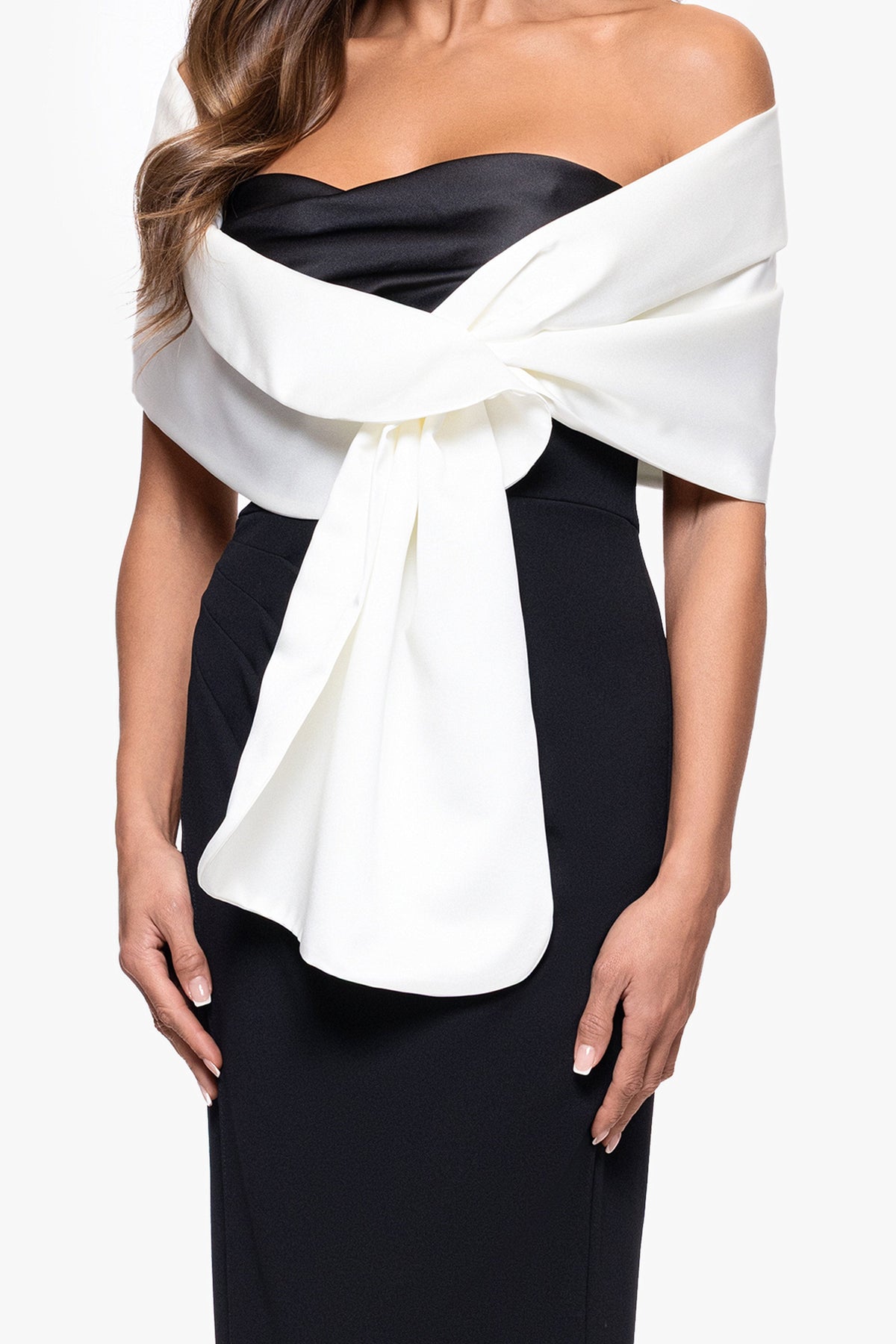 Betsy & Adam "Trixie" Satin Pull Through Shawl Wrap - Ivory